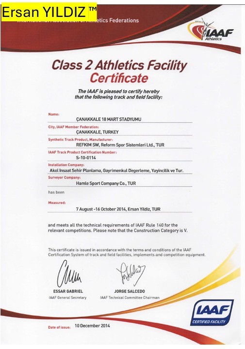 Çanakkale 18 Mart Stadium IAAF Class 2 facility certificate
