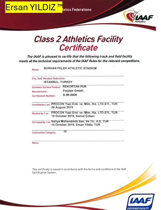 Burhan Felek Athletics Stadium IAAF Class 2 facility certificate