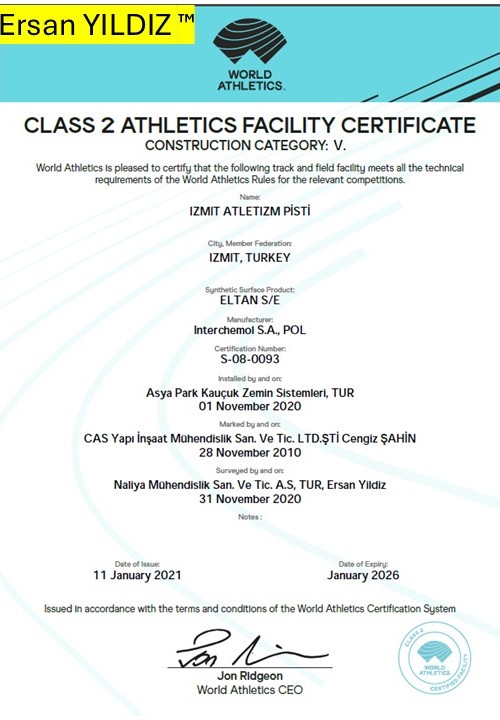 İzmit Athletics Track World Athletics Class 2 facility certificate