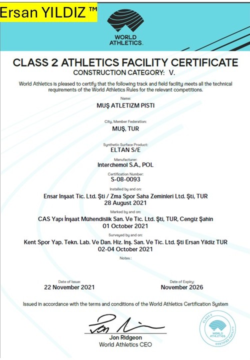Muş Athletics Track World Athletics Class 2 facility certificate