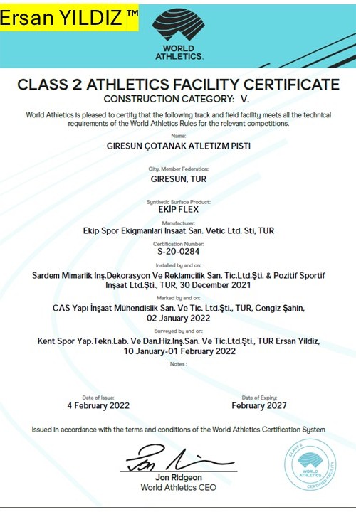 Giresun Çotanak Athletics Track World Athletics Class 2 facility certificate