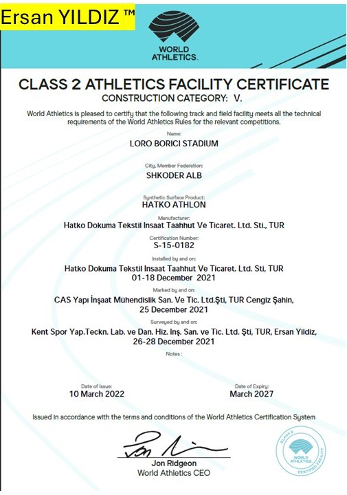 Loro Boriçi Stadium World Athletics Class 2 facility certificate
