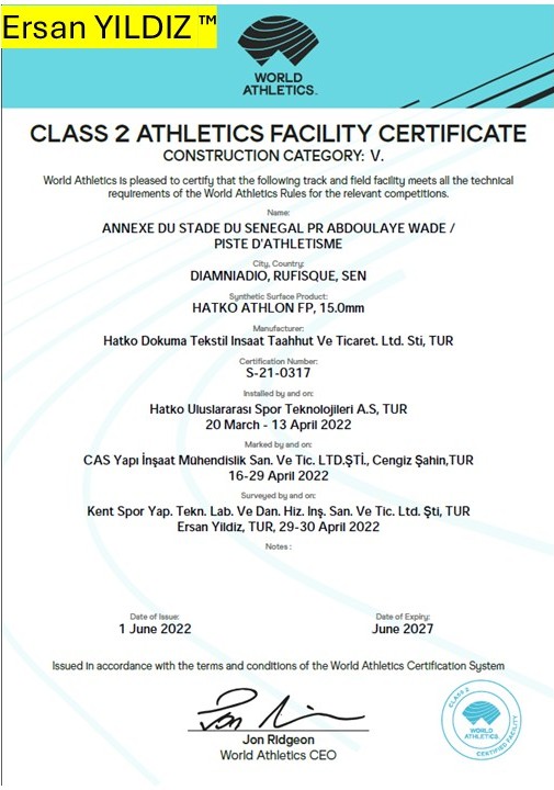 Stade Abdoulaye Wade Annex Athletics Track World Athletics Class 2 facility certificate