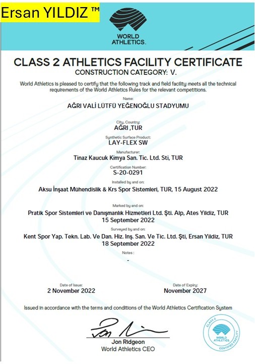 Ağrı Vali Lütfü Yeğenoğlu Stadium World Athletics Class 2 facility certificate