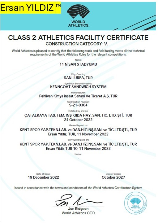 11 Nisan Stadium World Athletics Class 2 facility certificate