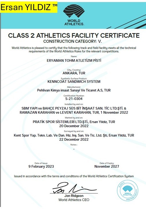 Eryaman TOHM Atletizm Pisti World Athletics Class 2 tesis sertifikası