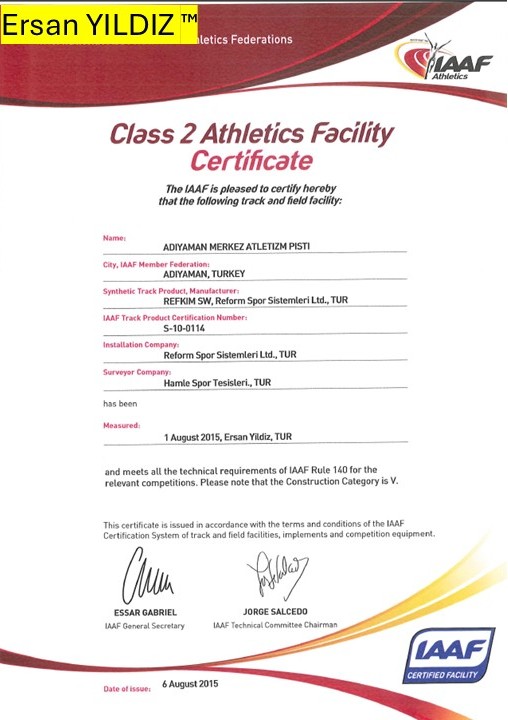 Adıyaman Central Athletics Track IAAF Class 2 facility certificate
