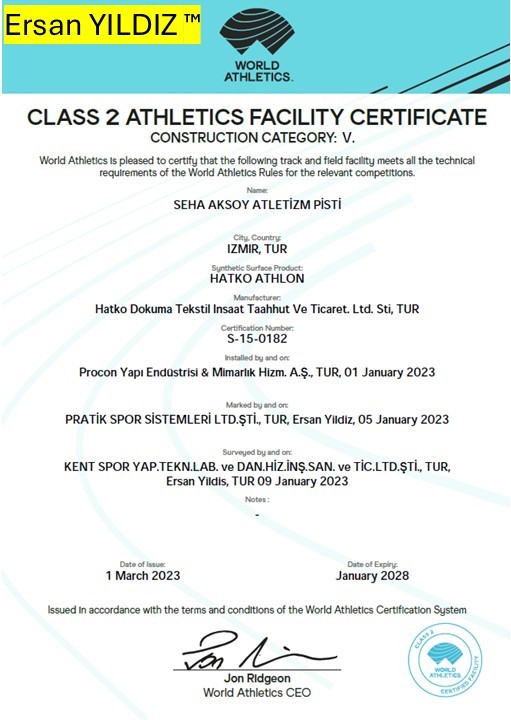 Seha Aksoy Athletics Track World Athletics Class 2 facility certificate