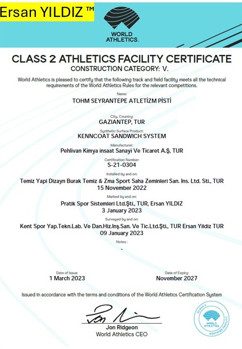 TOHM Seyrantepe Athletics Track World Athletics Class 2 facility certificate