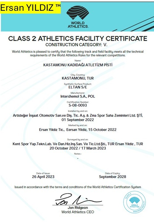Kastamonu Kadıdağı Atletizm Pisti World Athletics Class 2 tesis sertifikası