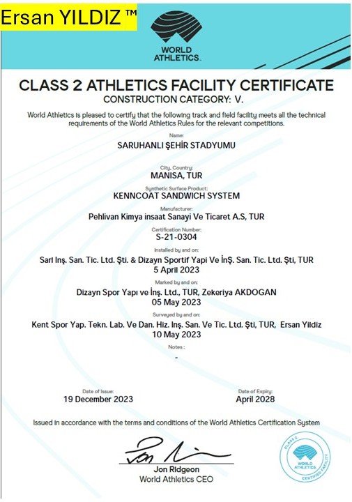 Saruhanlı City Stadium World Athletics Class 2 facility certificate