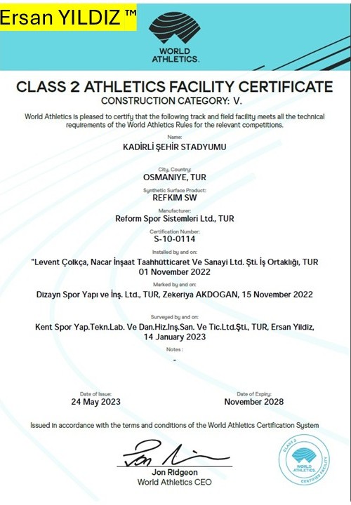 Kadirli Şehir Stadyumu World Athletics Class 2 tesis sertifikası