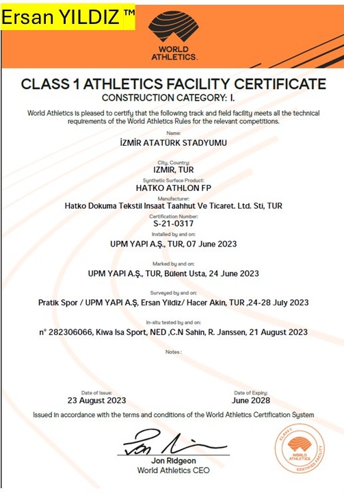 İzmir Atatürk Stadyumu World Athletics Class 1 tesis sertifikası
