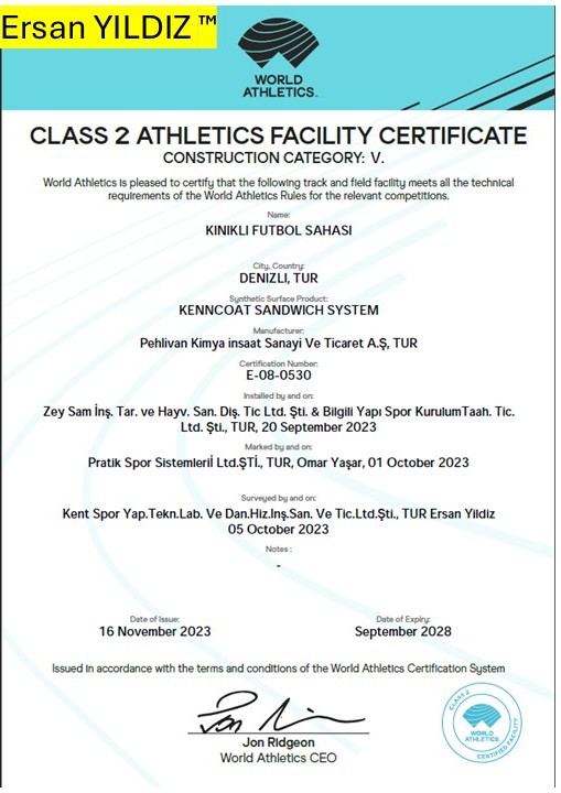 Kınıklı Football Field World Athletics Class 2 facility certificate