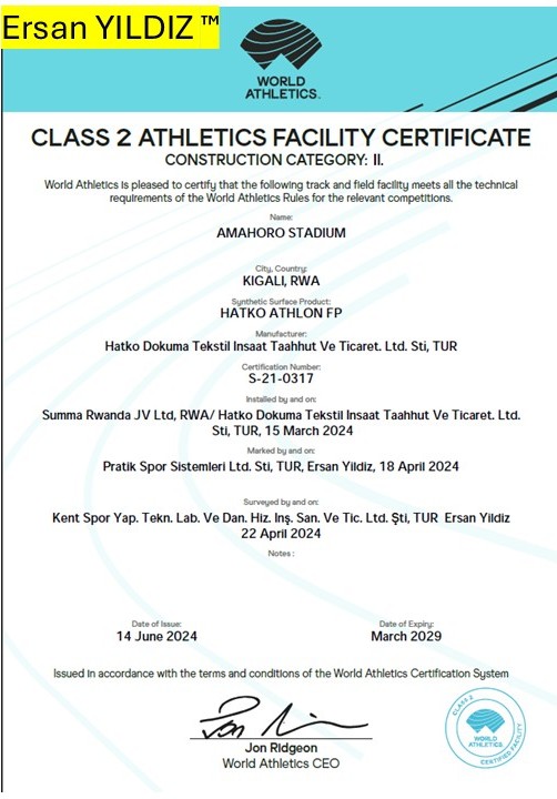 Amahoro Stadium World Athletics Class 2 facility certificate
