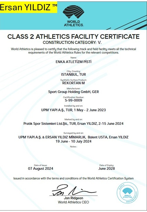 ENKA Athletics Track World Athletics Class 2 facility certificate