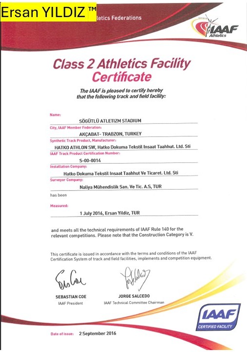 Söğütlü Atletizm Stadyumu IAAF Class 2 tesis sertifikası