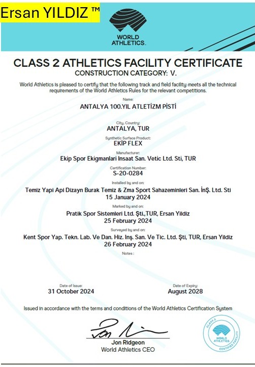 Antalya 100th Year Athletics Track World Athletics Class 2 facility certificate