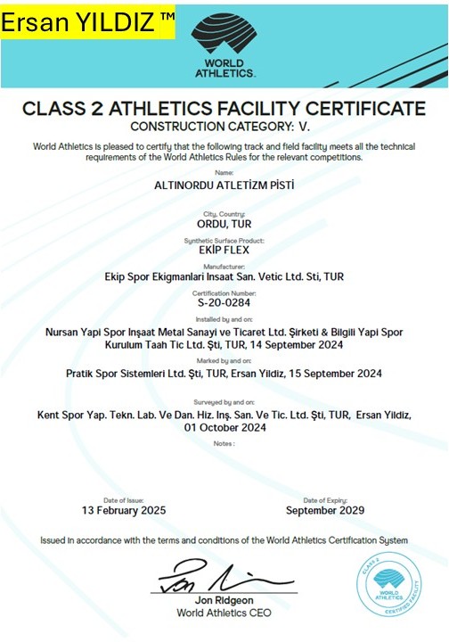 Altınordu Athletics Track World Athletics Class 2 facility certificate
