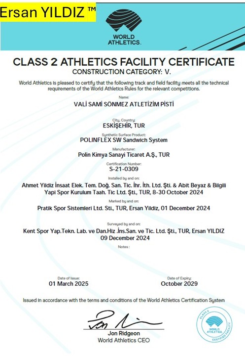Vali Sami Sönmez Athletics Track World Athletics Class 2 facility certificate