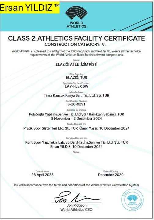 Elazığ Atletizm Pisti World Athletics Class 2 tesis sertifikası