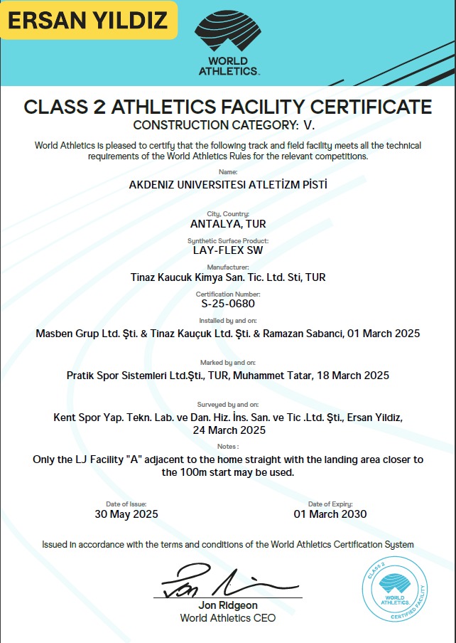 Akdeniz University Athletics Track World Athletics Class 2 facility certificate