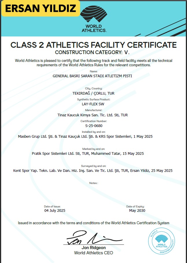 General Basri Saran Stadium Athletics Track World Athletics Class 2 facility certificate