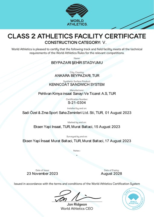 Beypazarı City Stadium World Athletics Class 2 facility certificate