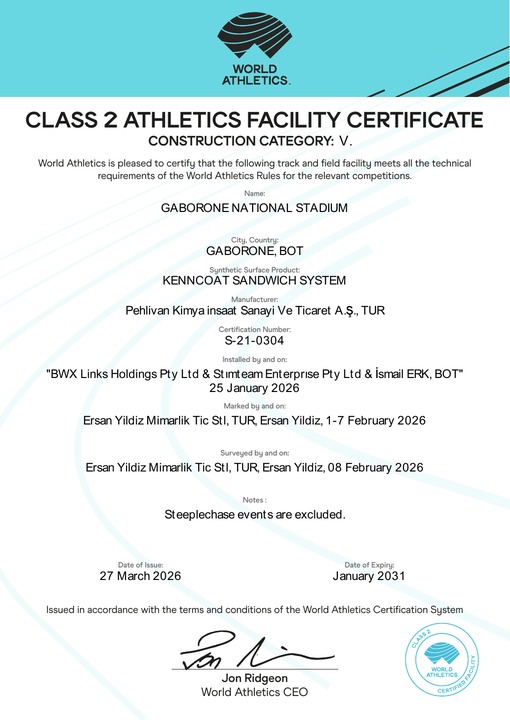 Gaborone National Stadium World Athletics Class 2 facility certificate