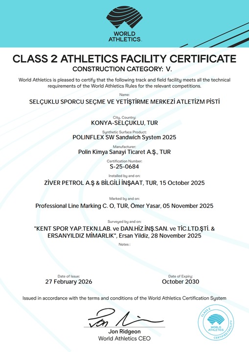 Selçuklu Sporcu Seçme ve Yetiştirme Merkezi Atletizm Pisti World Athletics Class 2 tesis sertifikası