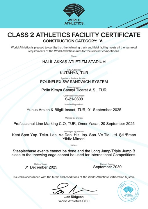 Halil Akkaş Atletizm Stadyumu World Athletics Class 2 tesis sertifikası