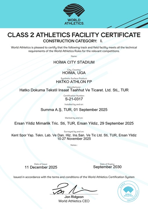 Hoima City Stadium World Athletics Class 2 facility certificate