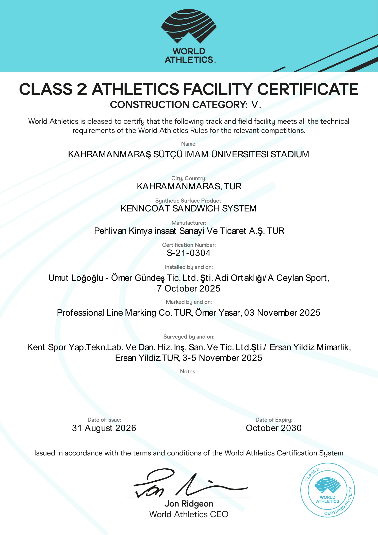 Kahramanmaraş Sütçü İmam Üniversitesi Stadyumu World Athletics Class 2 tesis sertifikası