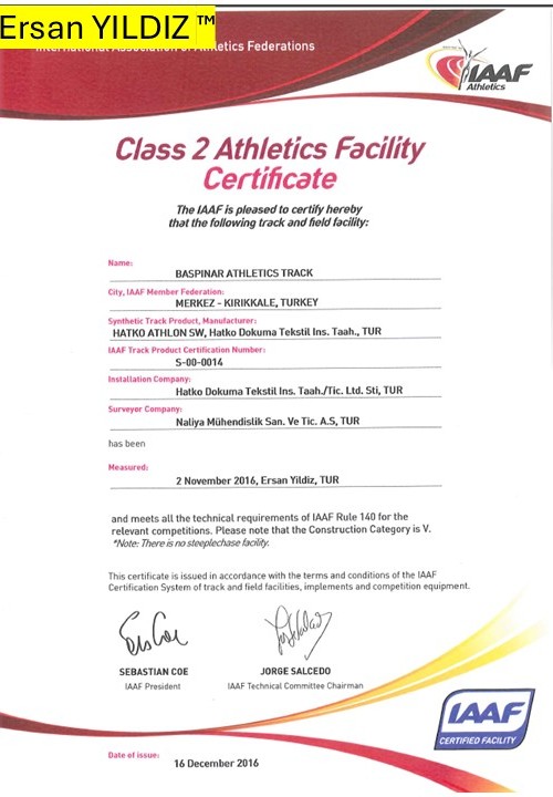 Başpınar Athletics Track IAAF Class 2 facility certificate