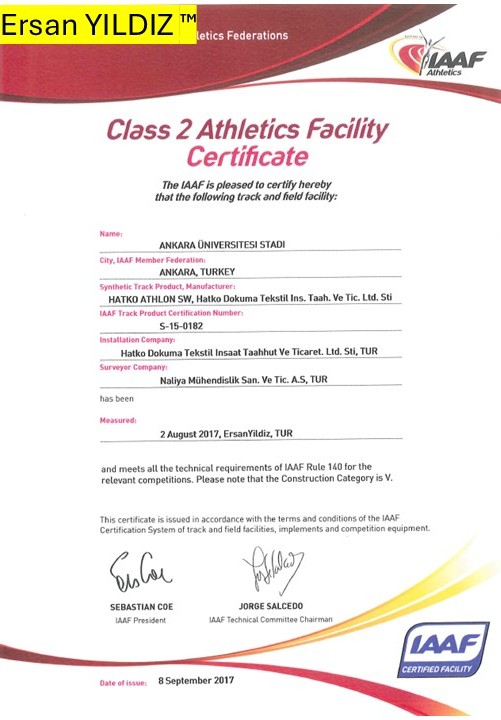 Ankara University Stadium IAAF Class 2 facility certificate