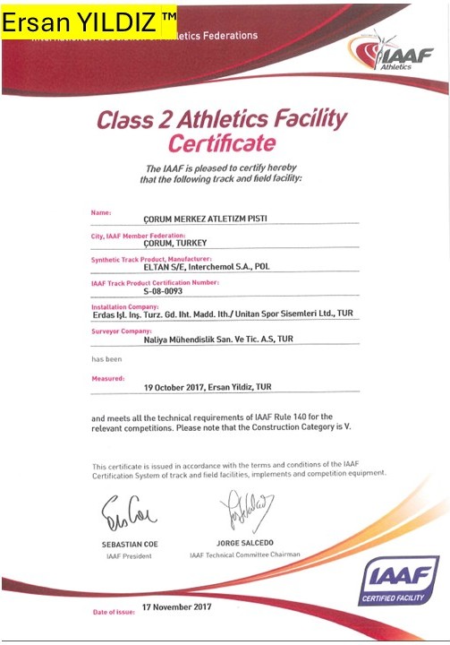 Çorum Central Athletics Track IAAF Class 2 facility certificate