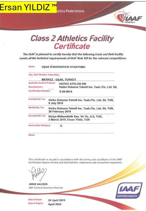 Uşak University Stadium IAAF Class 2 facility certificate